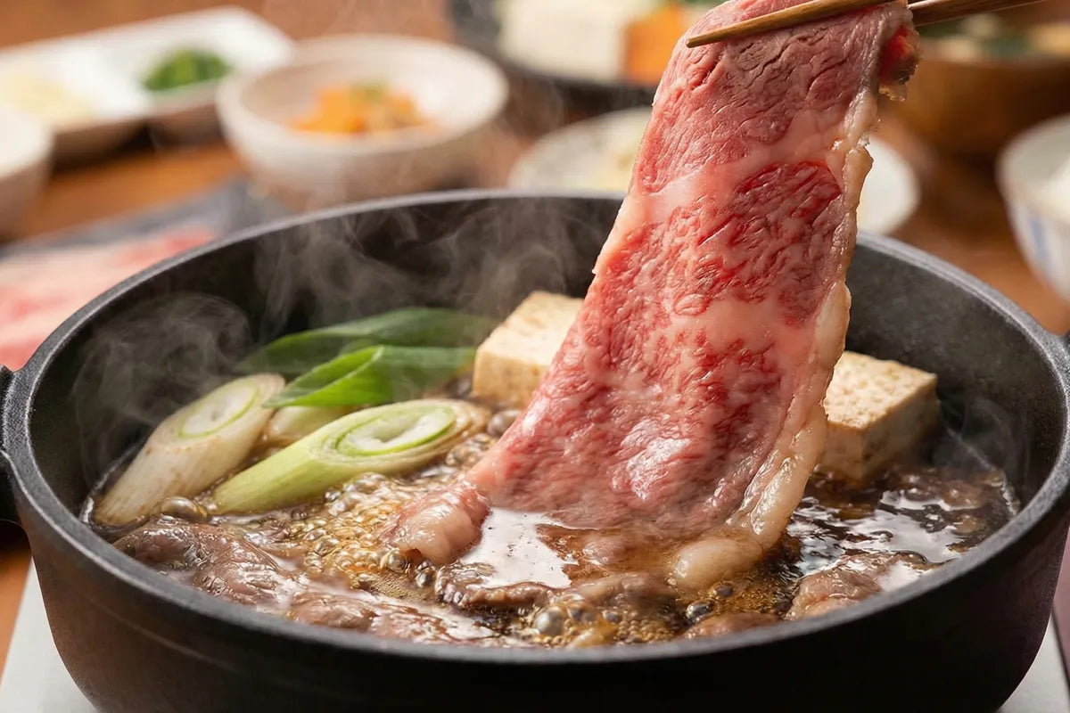 食卓で楽しむ和牛のすき焼き